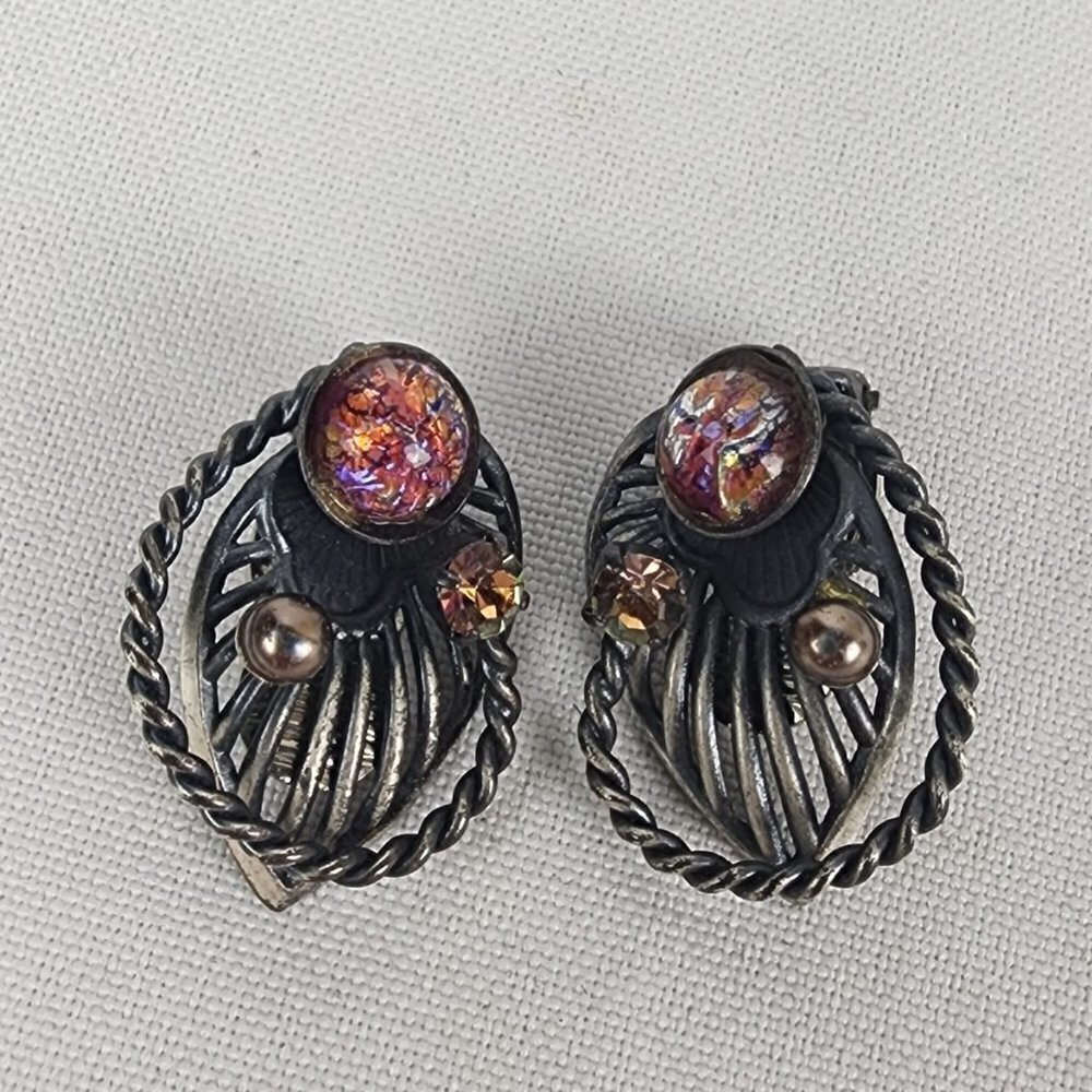 Vintage Silver & Pink Glass Stone Clip On Earrings